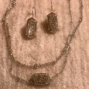 Kendra Scott druzy Silver Earrings and Double Chain Necklace NWOT